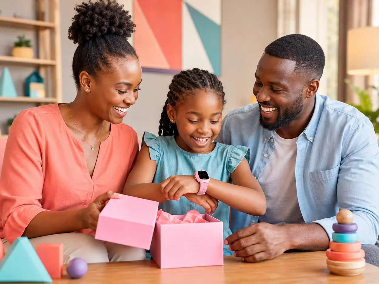 Kenyan parents gifting a Y31 smartwatch phone to a delighted child