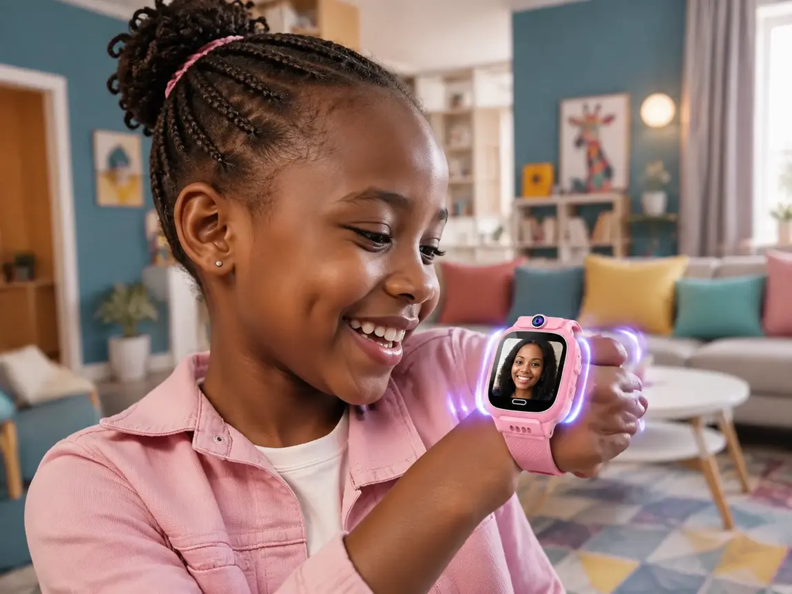 Child making a video call from a pink Y31 smartwatch